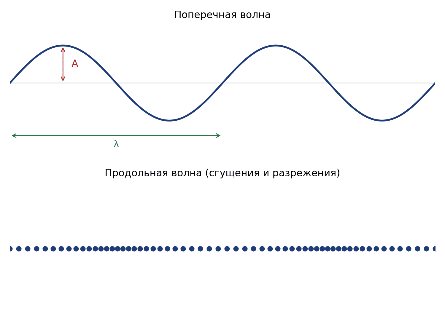 Поперечная волна (колебания перпендикулярны направлению распространения) и продольная волна (чередование сгущений и…