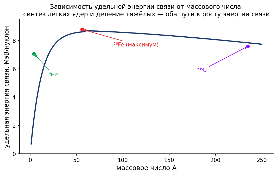Зависимость удельной энергии связи от массового числа A: максимум устойчивости приходится на ядра вблизи железа (A≈56).